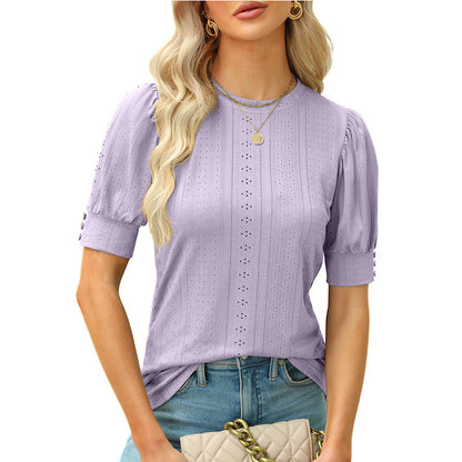 Eyelet Puff Sleeve Short Sleeve Casual Blouse Top