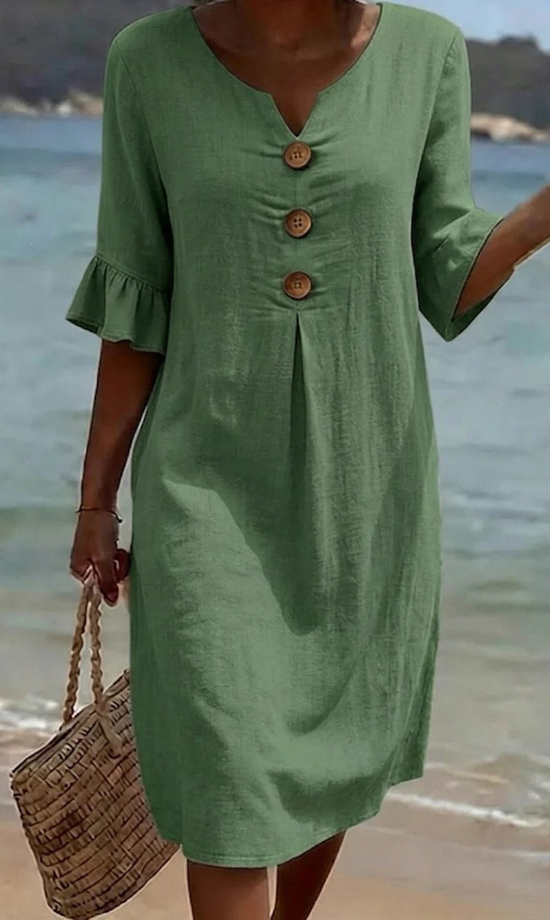 Women's Linen V-Neck Button Ruffle Sleeve Midi Dress