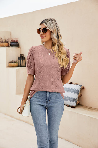 Sweet Puff Sleeve Shirt with Embroidered Cutouts