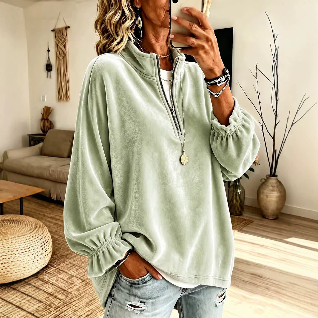 Women's Oversized Quarter Zip Velvet Sweatshirt Pullover