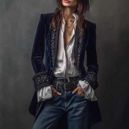 Women's Velvet Embroidered Blazer Open Front Vintage