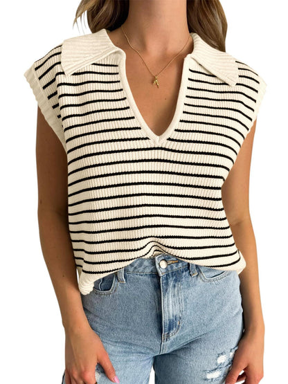 V-Neck Striped Knit Sweater, Casual Lapel Top
