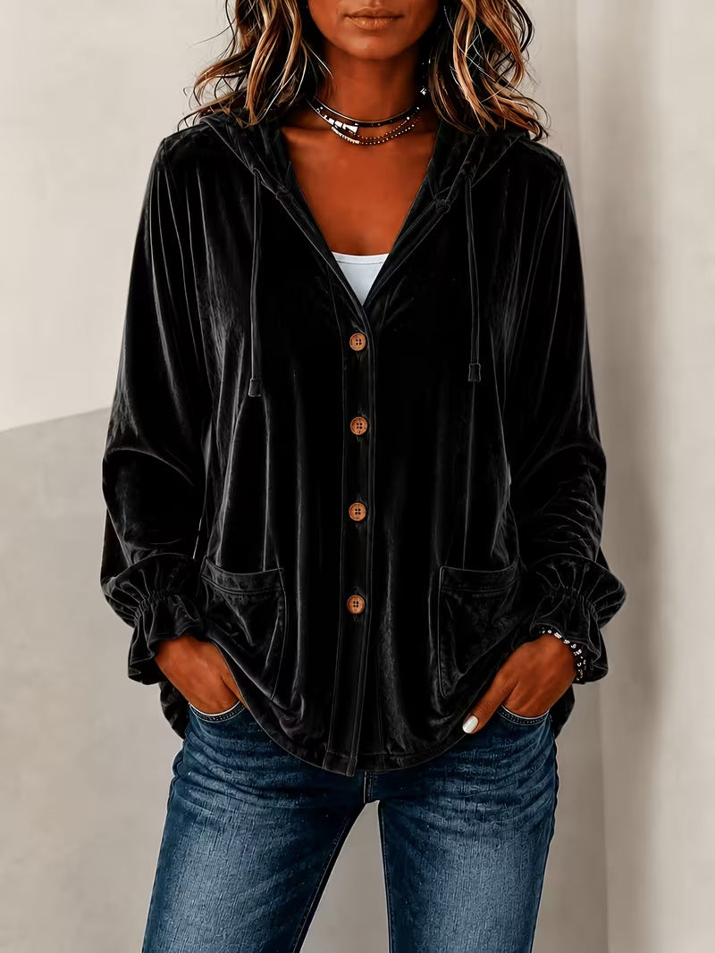 Women's Velvet Hooded Button Down Jacket