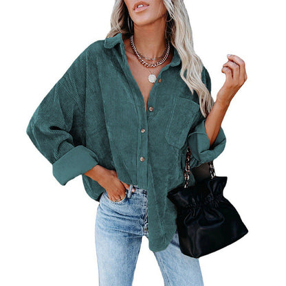 Oversized Corduroy Button-Down Shirt with Chest Pocket