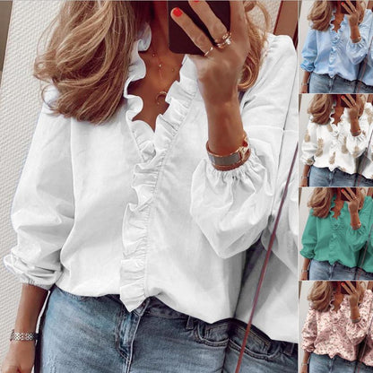 Women's Ruffle V Neck Blouse Balloon Sleeve Casual Top