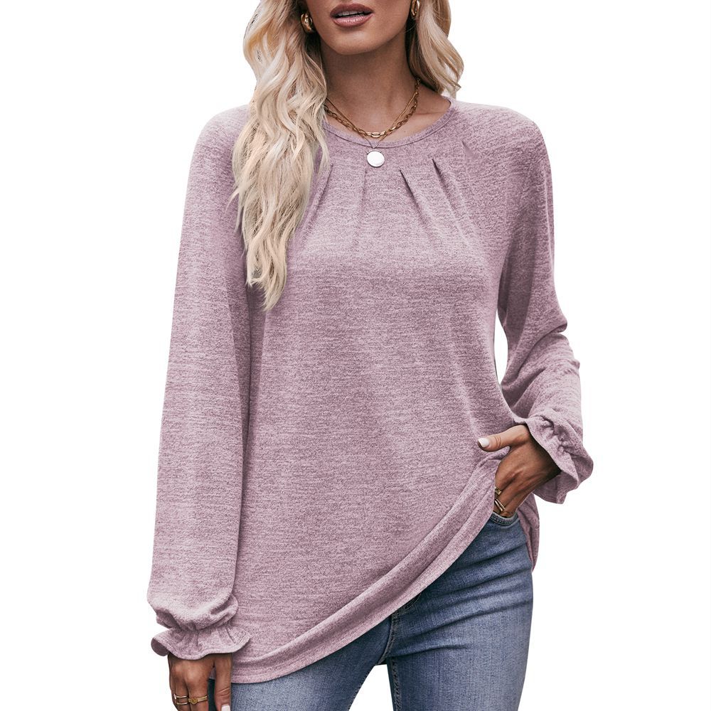 Round Neck Pleated Long Sleeve Brushed Knit Top