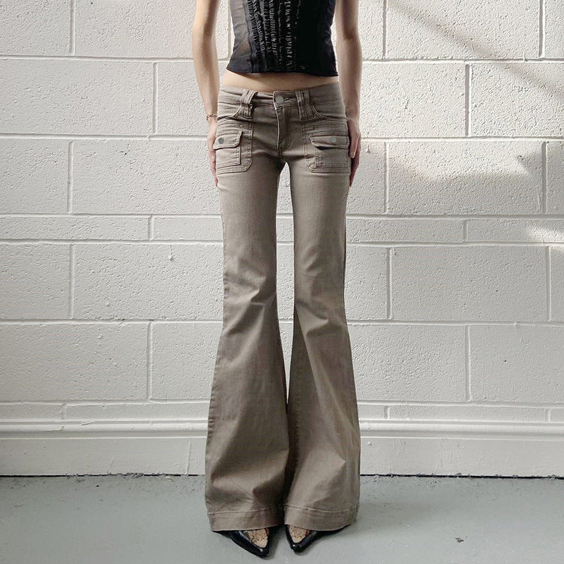 Women's Y2K Low Rise Cargo Flare Jeans Vintage Wash