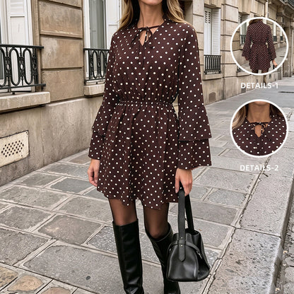 Vintage Polka Dot V-Neck Bell Sleeve Mini Dress