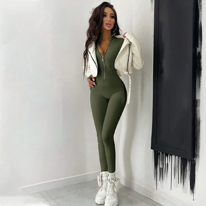 Zip Front Bodycon Jumpsuit Long Sleeve High Waist Yoga