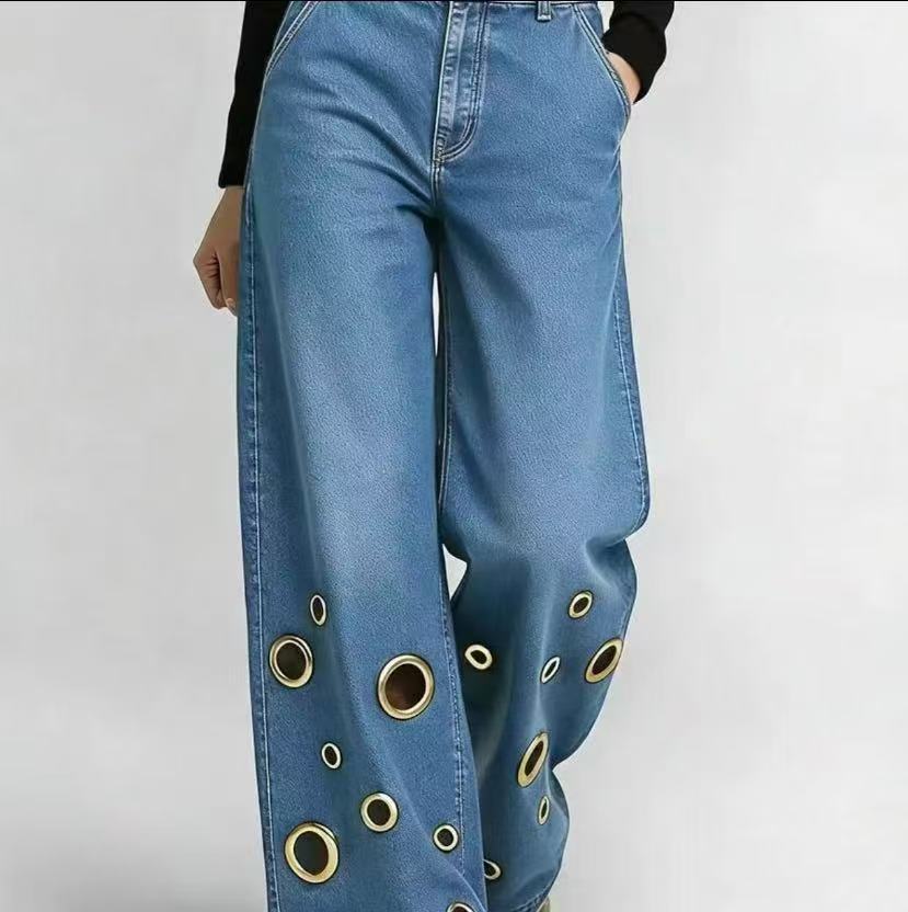 Women's High Waisted Grommet Cut Out Baggy Jeans