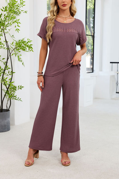 Solid Lace Trim Short Sleeve Top & Long Pants Set