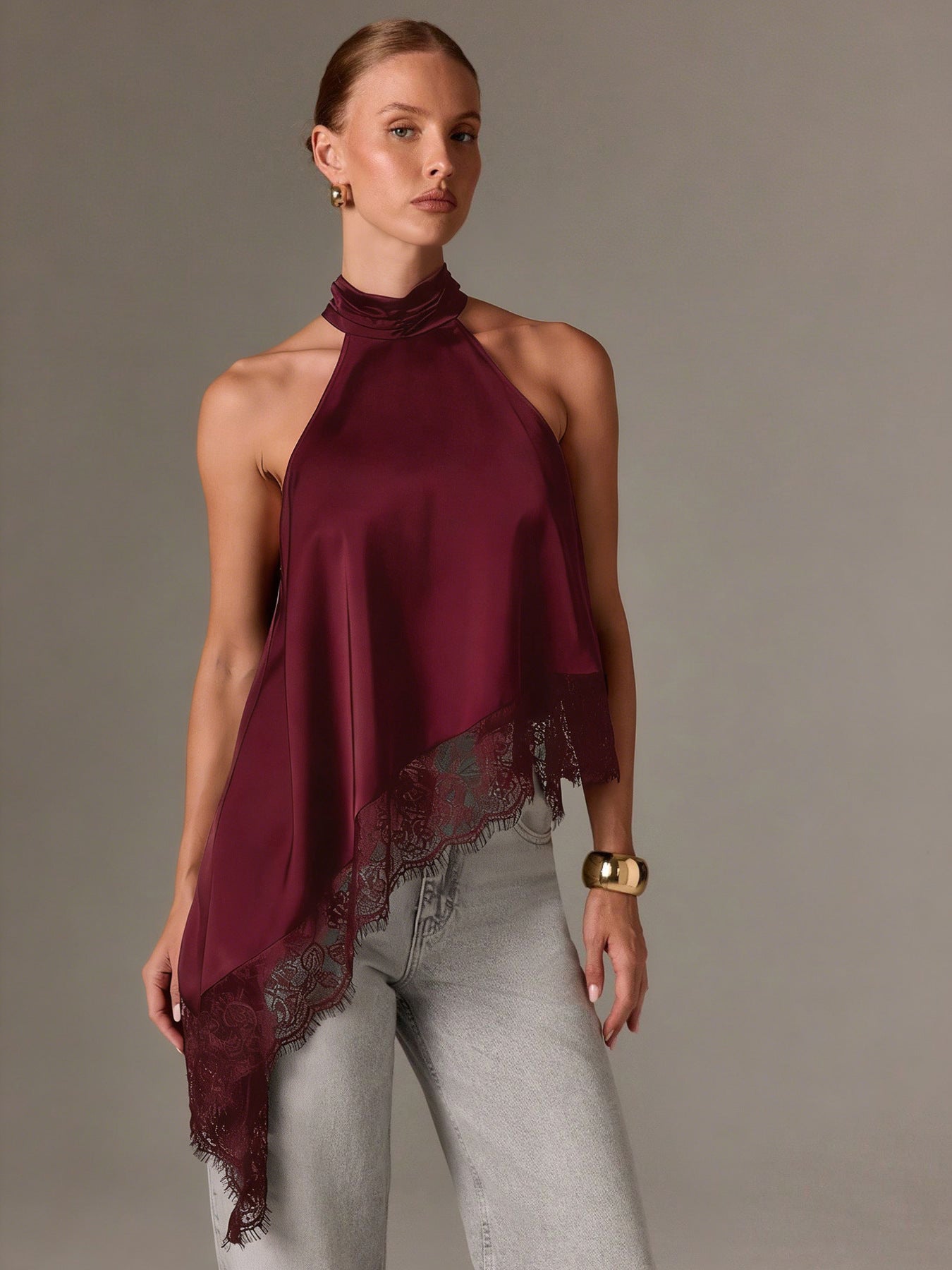 Satin Lace Trim Halter Tank Sleeveless Summer Top