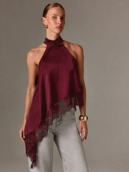 Satin Lace Trim Halter Tank Sleeveless Summer Top