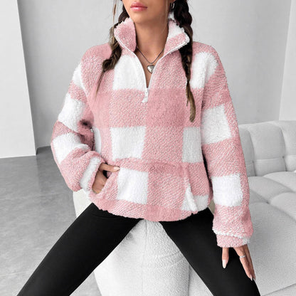 Women's Plaid Sherpa Quarter Zip Pullover with Pocket