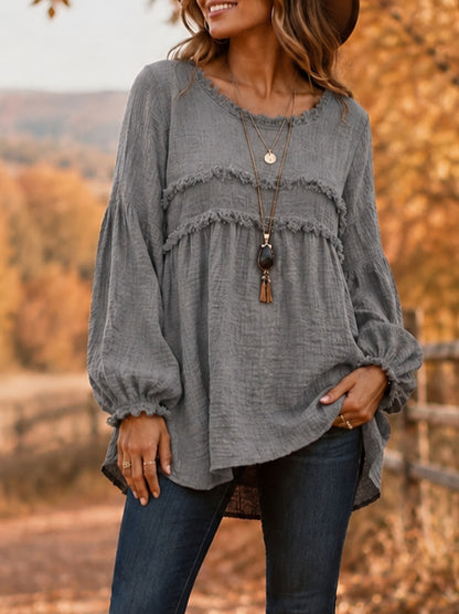 Women's Fringe Tiered Long Sleeve Flowy Textured Top