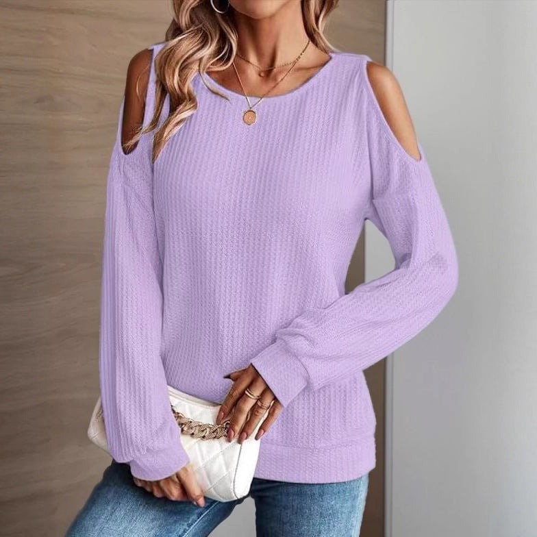Women's Cold Shoulder Waffle Knit Long Sleeve Casual Top