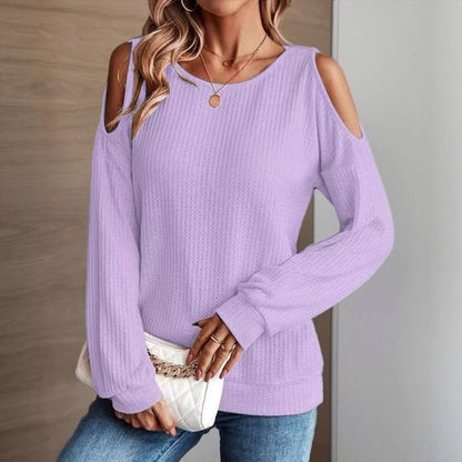 Women's Cold Shoulder Waffle Knit Long Sleeve Casual Top
