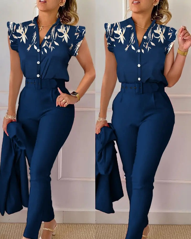 Floral Ruffle Sleeve Top & Belted Pants Two Piece Set