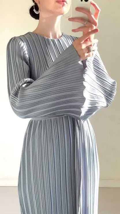 Pleated Bell Sleeve Maxi Dress Elegant Solid Flowy Mesh