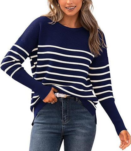Women's Striped Crew Neck Pullover Knit Sweater