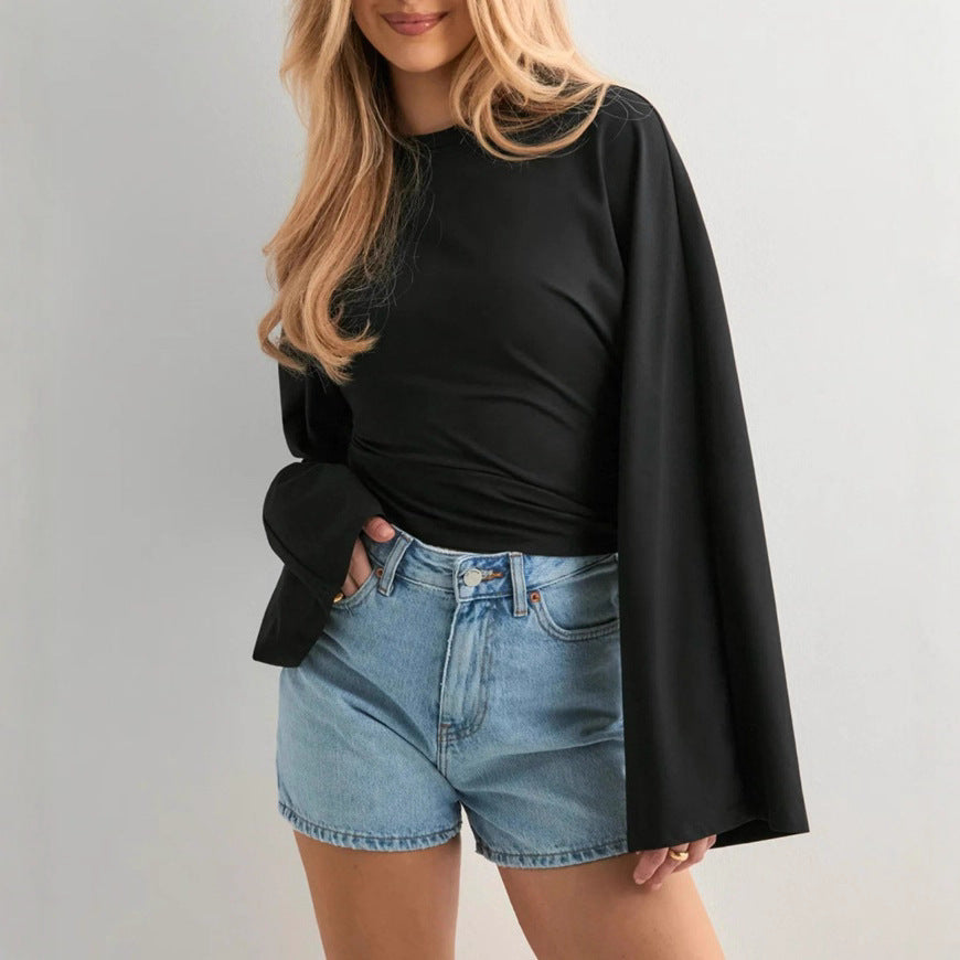Women's Batwing Long Sleeve Cinched Waist Crew Neck Top