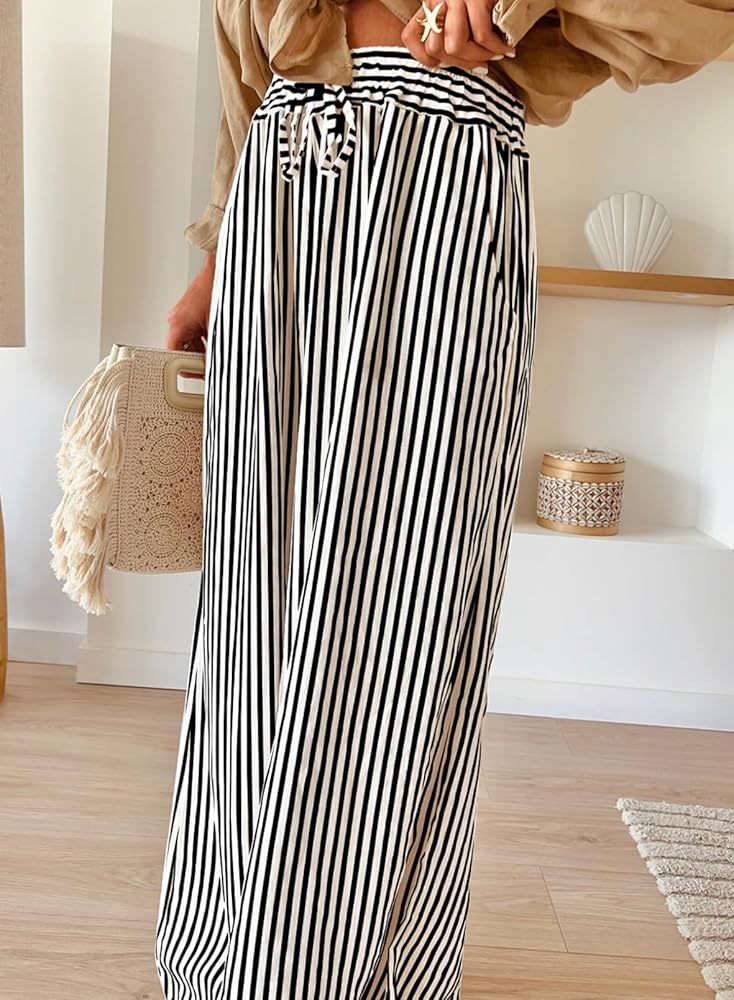 Striped Wide Leg Pants Drawstring Pocket Trousers