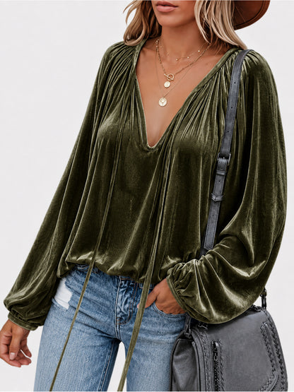 Women's Velvet V-Neck Drawstring Long Sleeve Blouse