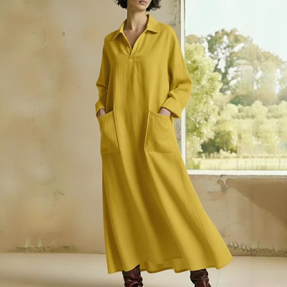 Women's Casual Long Sleeve Polo Maxi Dress with Pockets