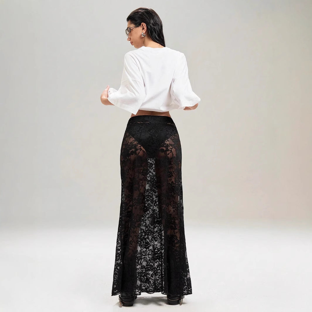 Black Lace High Waist Skirt A-Line Streetwear Trendy Women