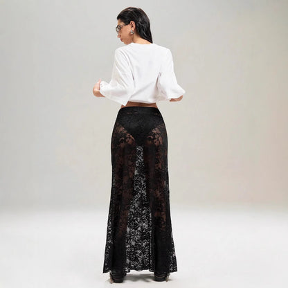 Black Lace High Waist Skirt A-Line Streetwear Trendy Women