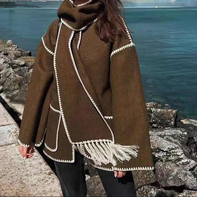 Women's Fringe Scarf Jacket Cropped Embroidered Coat