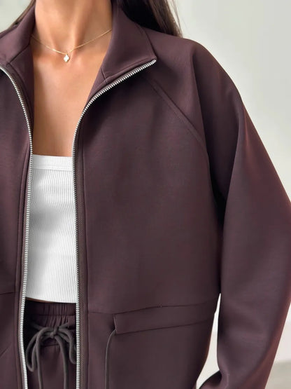 Women's Zip Up Drawstring Jacket Wide Leg Pants Set