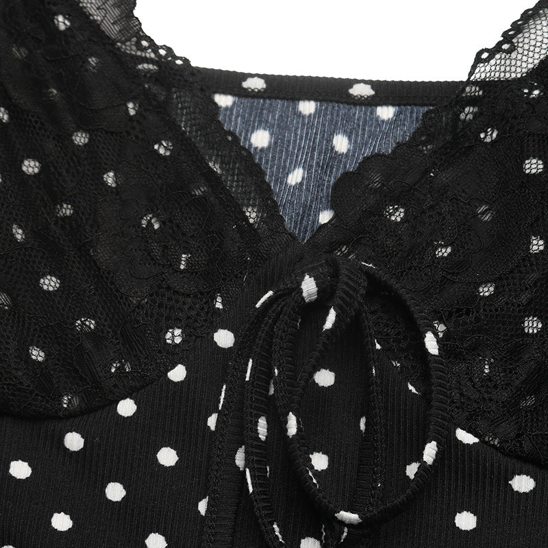 Polka Dot Lace Trim V Neck Long Sleeve Mini Dress