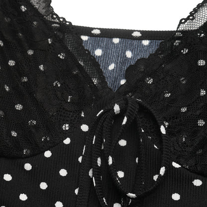 Polka Dot Lace Trim V Neck Long Sleeve Mini Dress