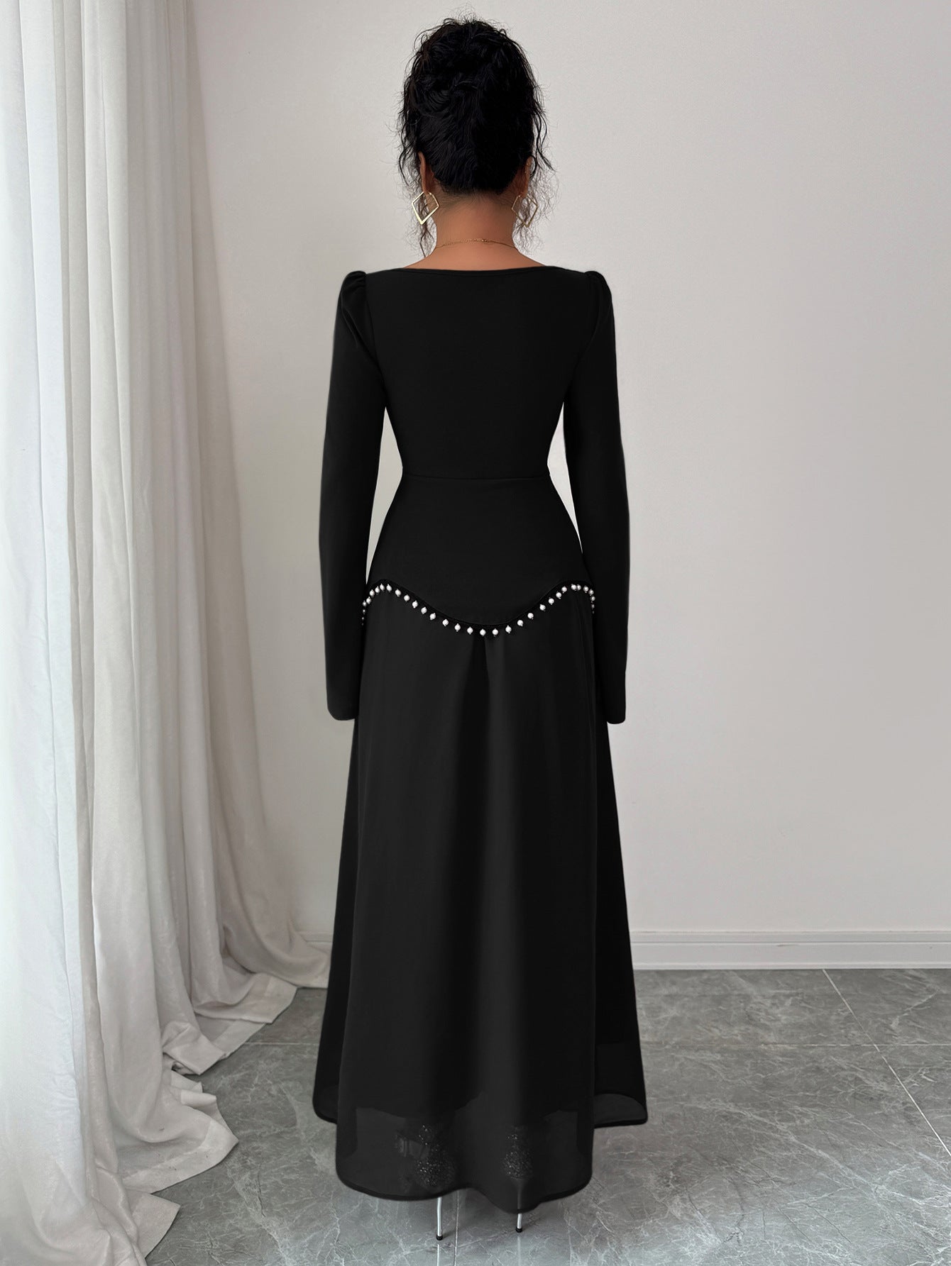 Square Neck Long Sleeve Pearl Trim A-Line Maxi Dress