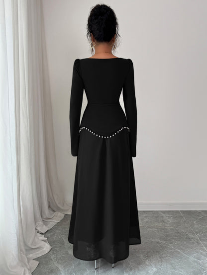 Square Neck Long Sleeve Pearl Trim A-Line Maxi Dress