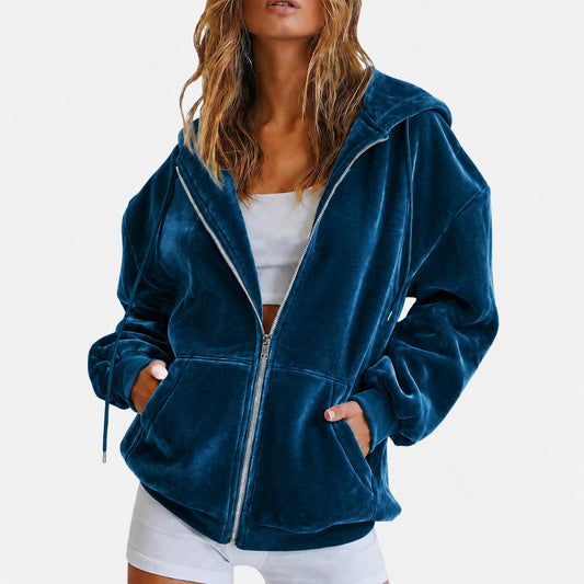 Velvet Zip Up Hoodie Relaxed Fit Hooded Jacket