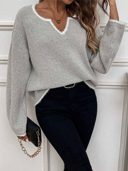 Women's V-Neck Contrast Trim Pullover Sweater