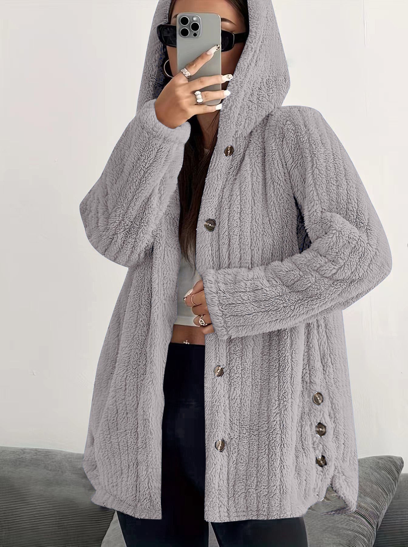 Hooded Sherpa Fleece Jacket with Button Closure