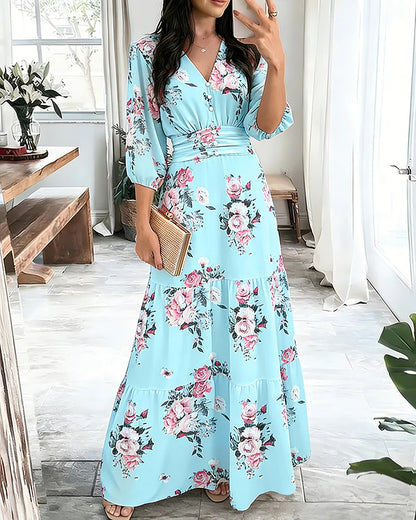 Floral Chiffon Maxi Dress V-Neck 3/4 Sleeve Smocked Tiered