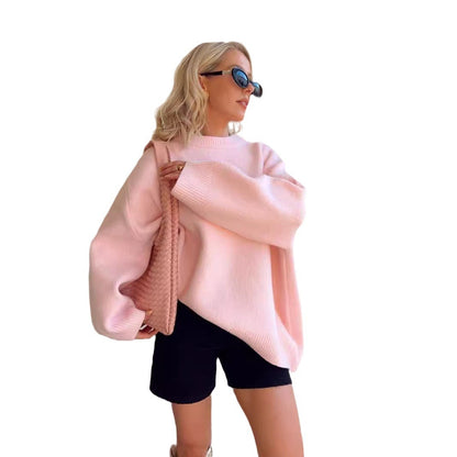 Women's Pink Oversized Crewneck Pullover Sweater