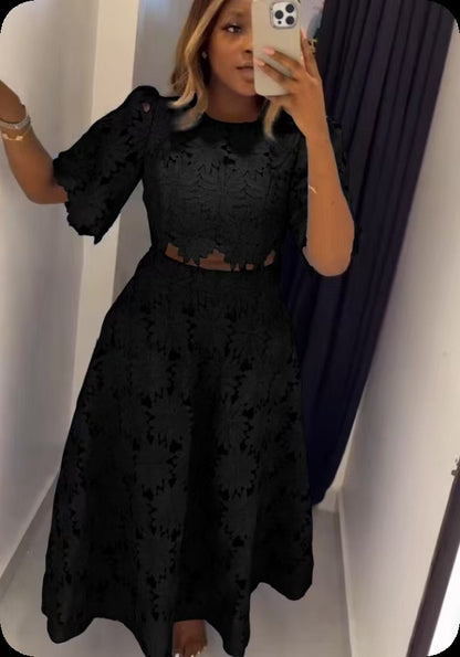 Women's Lace Floral Cutout Two Piece Midi Skirt Set