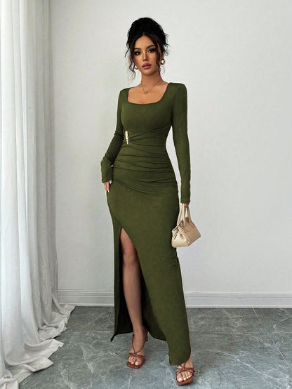 Square Neck Ruched Bodycon Maxi Dress with Side Slit