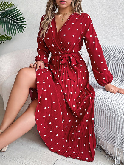 Elegant Polka Dot Cross-Over V-Neck Pleated Midi Dress