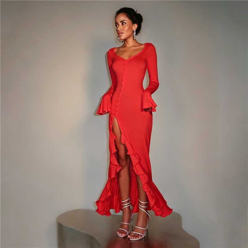 Sexy Bell Sleeve Bodycon Maxi Dress V Neck Side Slit