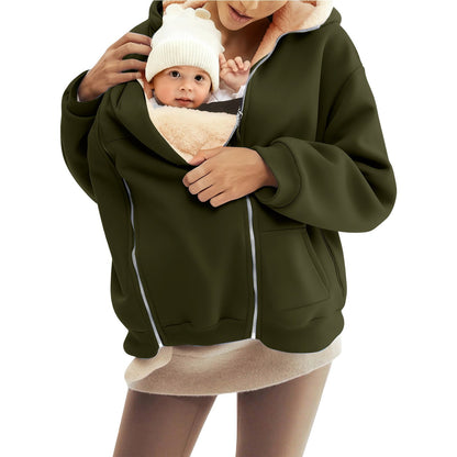 Women's Sherpa Baby Carrier Zip Up Hoodie Kangaroo Pocket
