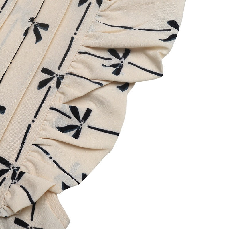 Bow Print Ruffle Sleeve Blouse Vintage Floral Casual Top