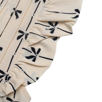 Bow Print Ruffle Sleeve Blouse Vintage Floral Casual Top