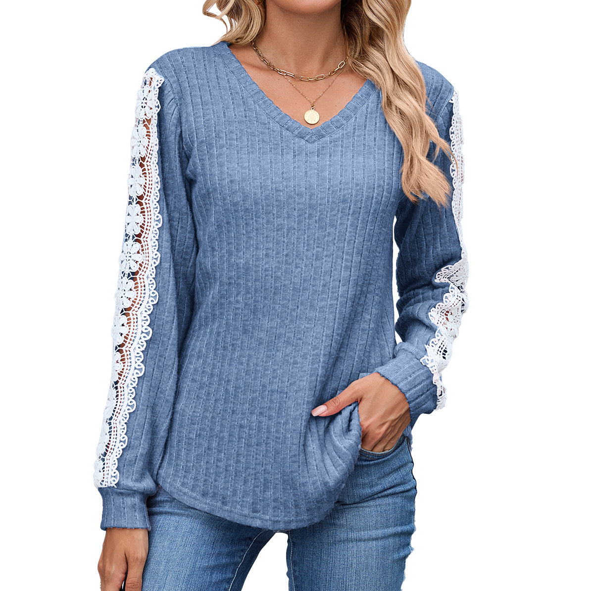 Women's V Neck Lace Long Sleeve Tunic Top