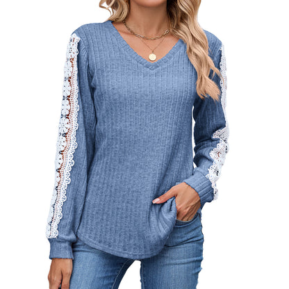Women's V Neck Lace Long Sleeve Tunic Top